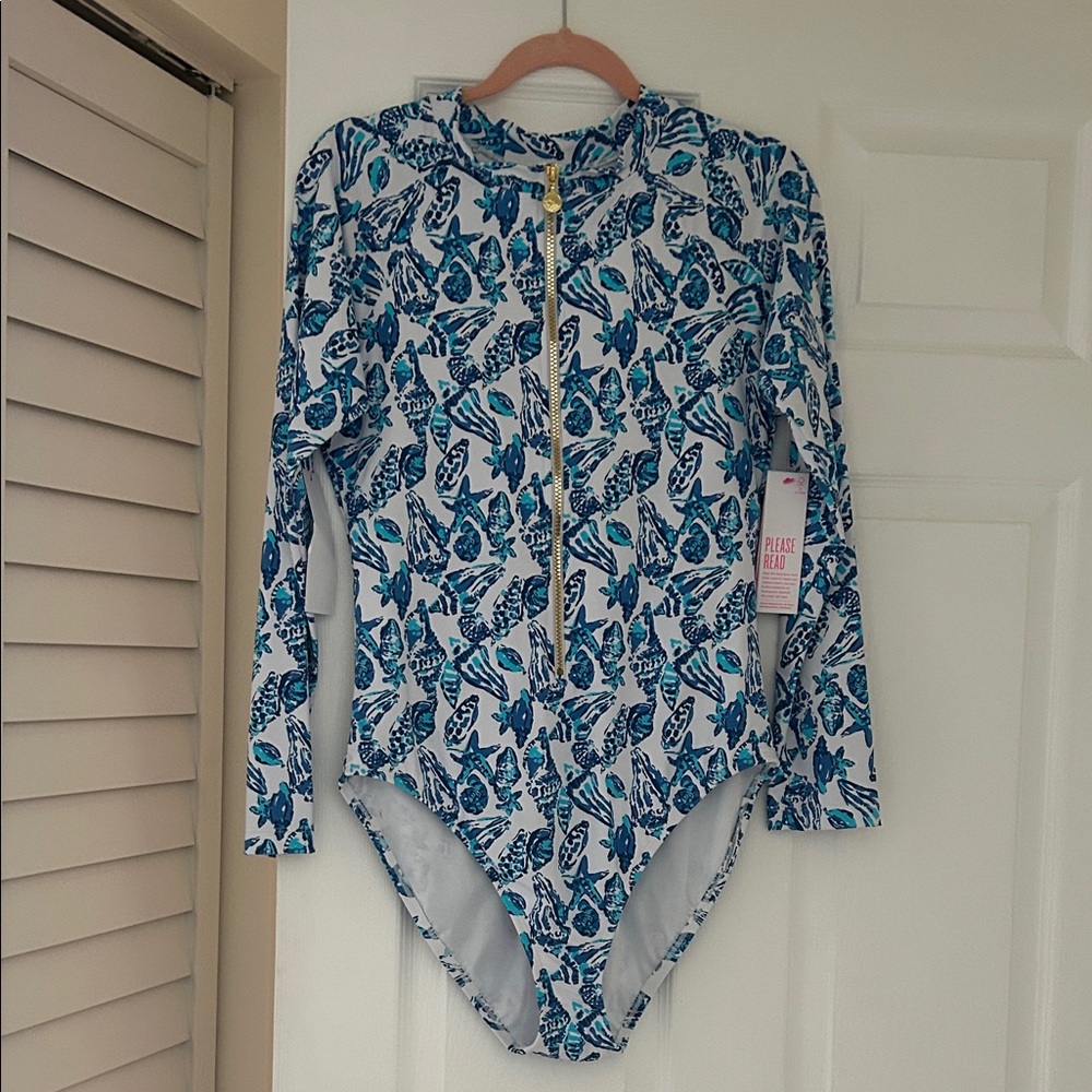 Lilly Pulitzer Blue and White Shells Zip-Up Rashguard One Piece